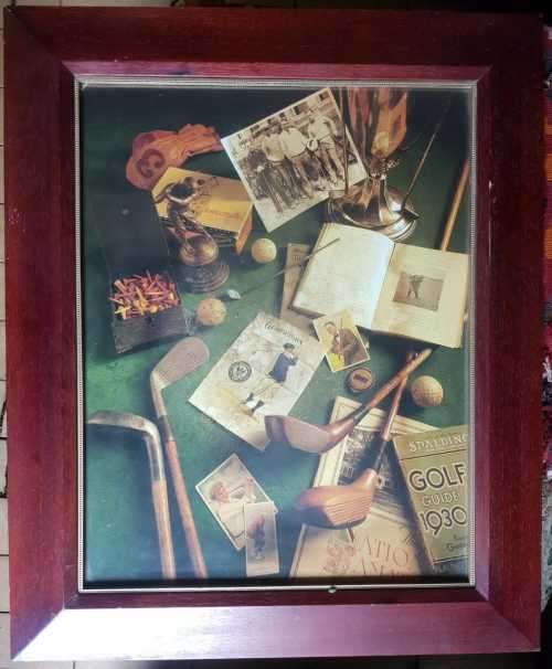 Golf Memorabilia Framed Print in Large Mahogany Frame