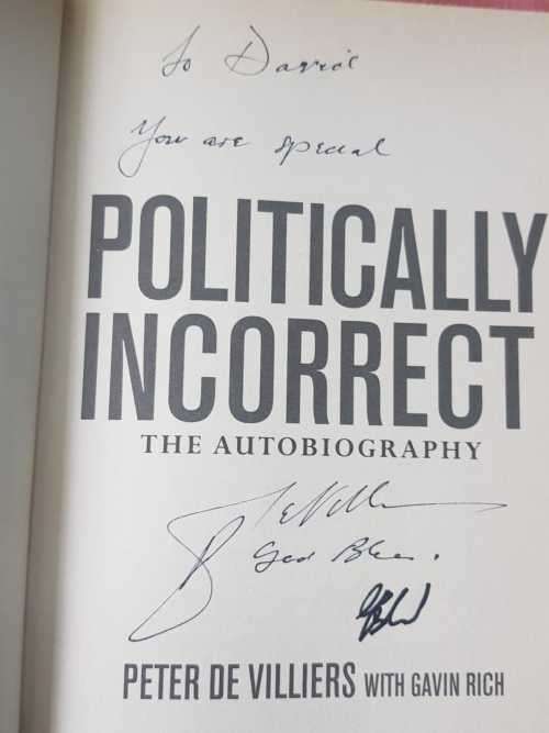 Politically Incorrect Signed two signatures by Pieter de Villiers & Gavin Rich AND S.A. Rugby scarf
