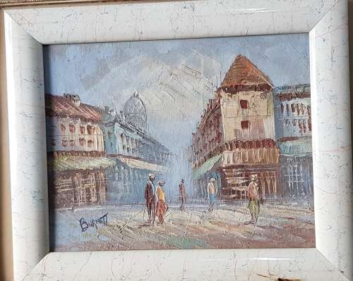 Caroline Burnett signed Parisian street scene Oil on Board
