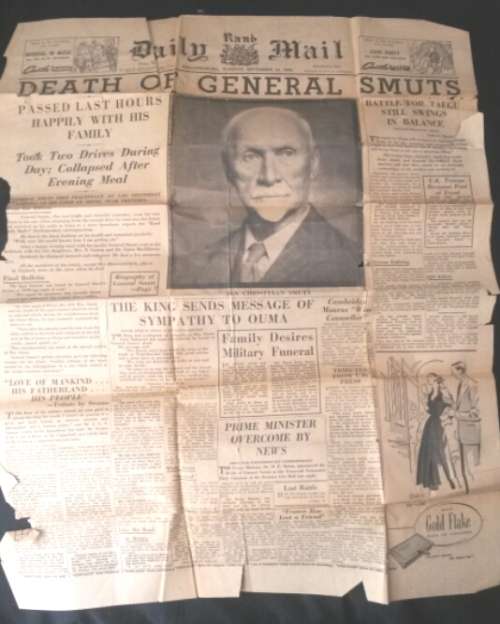 GENERAL SMUTS  RAND DAILY MAIL 1950 FRONT PAGE DEATH ANNOUNCEMENT
