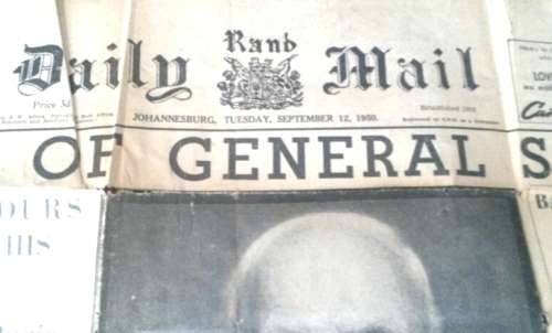 GENERAL SMUTS  RAND DAILY MAIL 1950 FRONT PAGE DEATH ANNOUNCEMENT