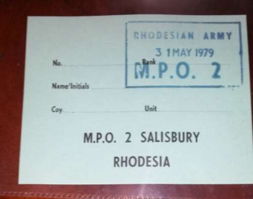 M.P.O. Military Post Office Labels Stamped 1st June1979 Rhosdesian Army RHODESIA
