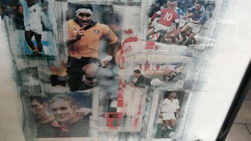 RUGBY FRAME WITH 1995 WORLD CUP CUTOUTS