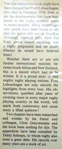 Good-bye Newlands Farewell Eden Park First Edition 1974 RUGBY