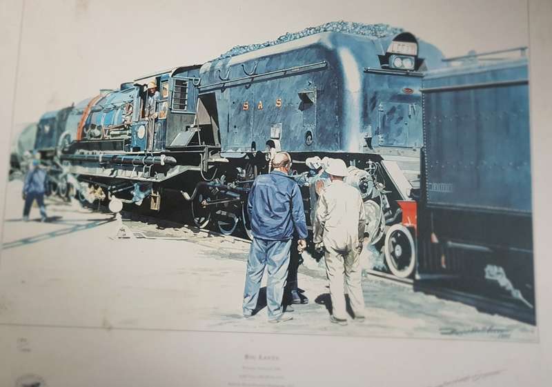 David Hall Green Signed Trains Lithograph