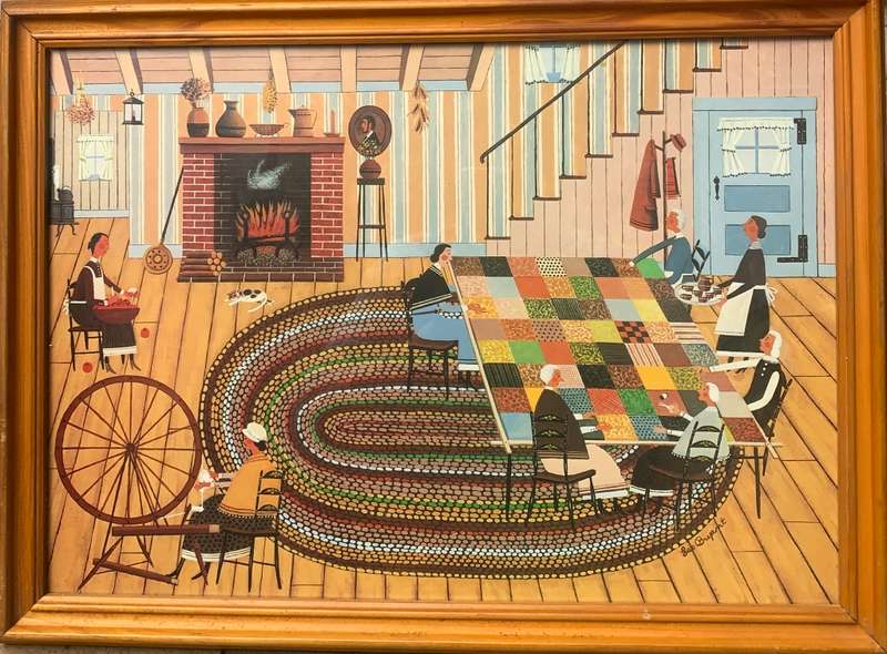Leo Bryant QUILTING BEE EARLY AMERICAN FOLK ART LITHO SIGNED IN PLATE