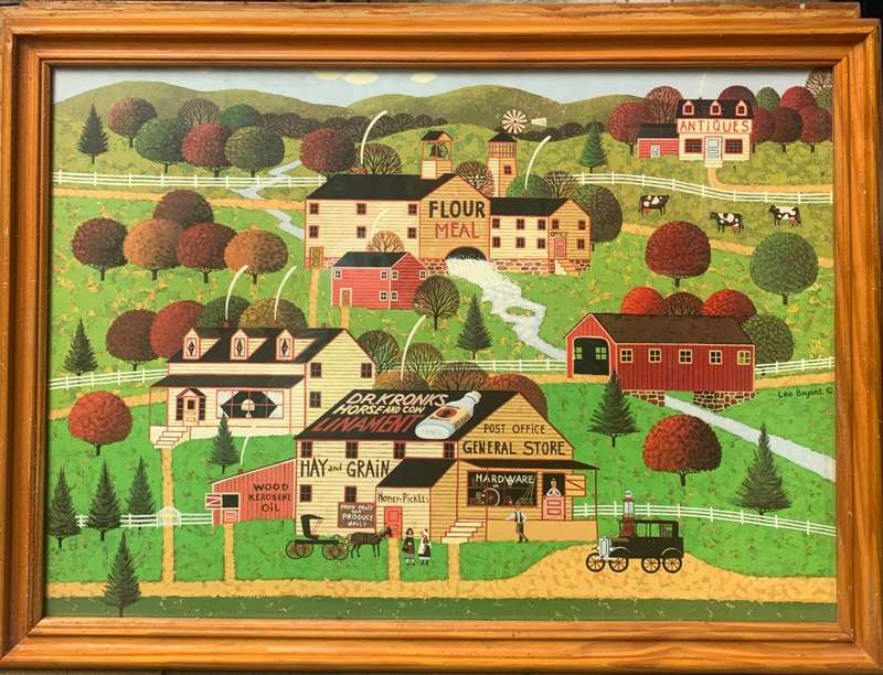 LEO BRYANT THE OLD MILL TOWN AMERICAN FOLK ART LITHO  SIGNED IN PLATE