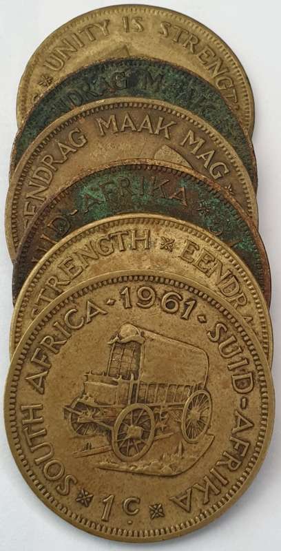 ** BULK LOT ** 6 x RSA 1ST DECIMAL 1 cent coins { 1961 - 1964 }.  START @ 1 cent each