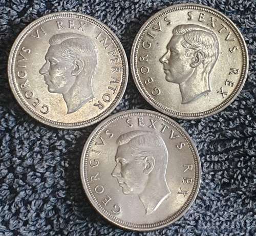 STUNNING HIGH GRADE SET - SAU 1947, 48 and 49 80% SILVER 5 SHILLINGS/CROWNS  - LOW START PRICE