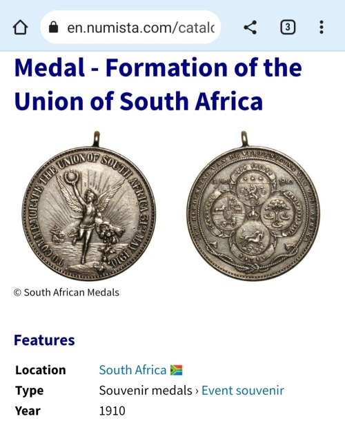 1910 COMMEMORATIVE MEDAL - FORMATION OF THE UNION OF SOUTH AFRICA - LOW START