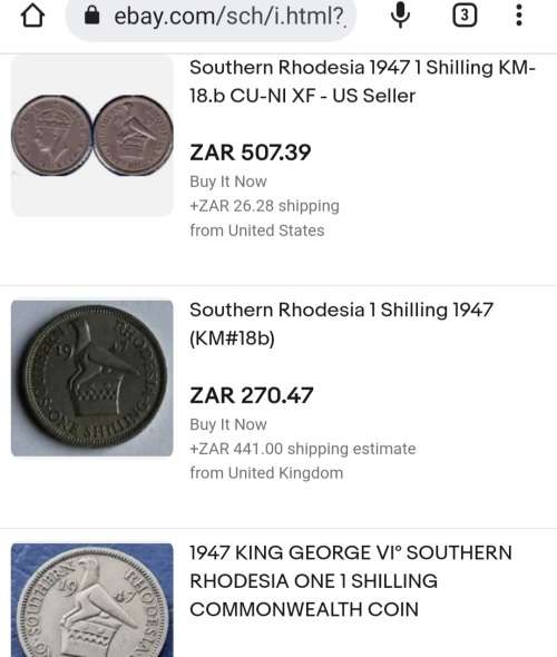 RARE 1947 SOUTHERN RHODESIA 1 SHILLING - WWII GEORGE VI ERA - only 8 000 000 minted @ R1 NO RESERVE