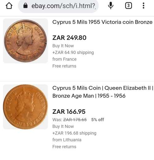 RARE HIGH GRADE 1955 CYPRUS 5 MILS - ELIZABETH II ERA  @ R1 NO RESERVE