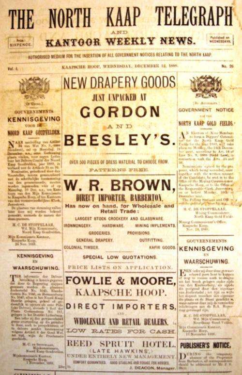 Original  "The North Kaap Telegraph" dated 12 December 1888. 123 YEARS OLD