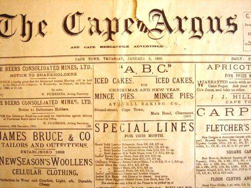 "The Cape Argus" 2 January 1896. Original newspaper. Highly collectable document