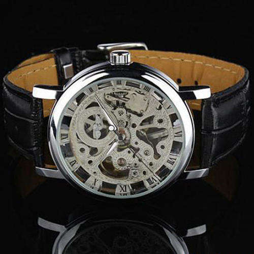 New Mens Roman Skeleton Hand-winding Mechanical Wrist Watch