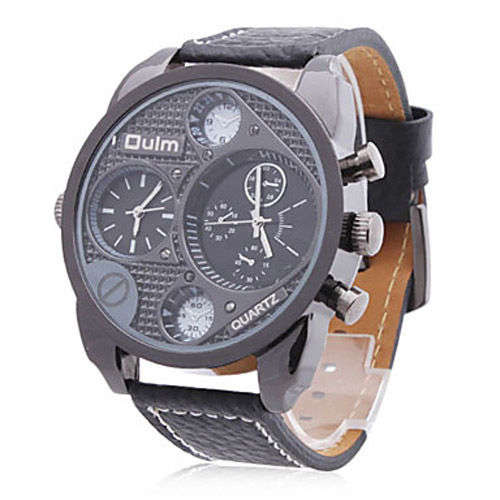 OULM Brand Sport Military Watch Men Army Wristwatch Leather Time Zones