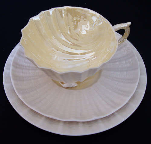 BELLEEK IRELAND TRIO -  SHELL CUP, SAUCER AND TEA/SIDE PLATE 1926 - 1946  3RD BLACK MARK - REG. 0857
