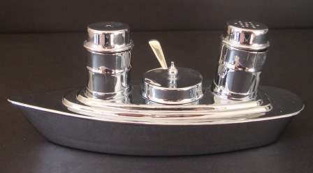 ART DECO  VINTAGE CHROME NOVELTY CRUET SET LENGTH 20CM INSERTS 8.5CM