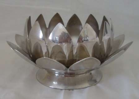 STYLISH SILVER PLATED VINTAGE TWO-PIECE LOTUS FLOWER CANDLE HOLDER CIRCA 1960'S
