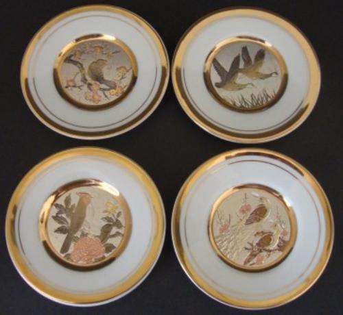 COLLECTABLE FOUR JAPANESE CHOKIN PLATES 22K GOLD "BIRD SCENES"  (PRICED FOR ALL FOUR PLATES)