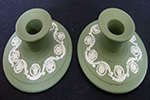 VINTAGE MATCHED PAIR WEDGWOOD ENGLAND GREEN JASPERWARE CANDLESTICK/ CANDLE HOLDERS