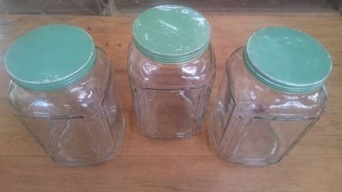 3 Large Vintage Big Jars Bottles Green Tin Lid