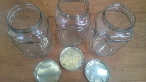 3 Large Vintage Big Jars Bottles Green Tin Lid