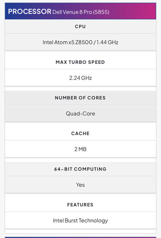 Dell Venue 8 Pro - 5855 - WINDOWS 10 PRO Tablet