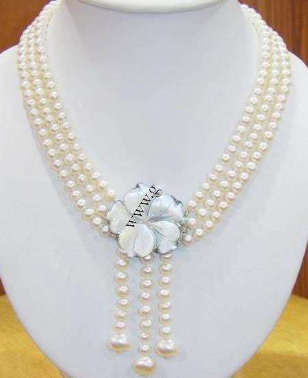 *R1995* Triple Strand Genuine White Freshwater Pearl Necklace with Shell Clasp