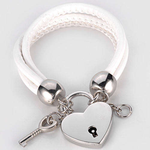 *PRETTY* Triple Strand White Leather Cord Bracelet with Lock & Key