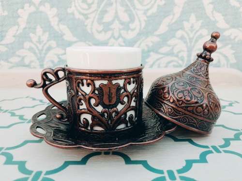 Turkish Ottoman Espresso Cups with Metal outer/Saucer and Lid (Silver or Copper Finish)
