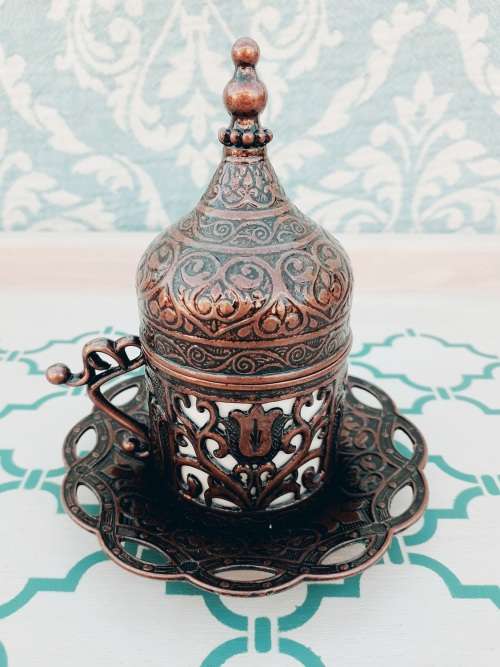 Turkish Ottoman Espresso Cups with Metal outer/Saucer and Lid (Silver or Copper Finish)