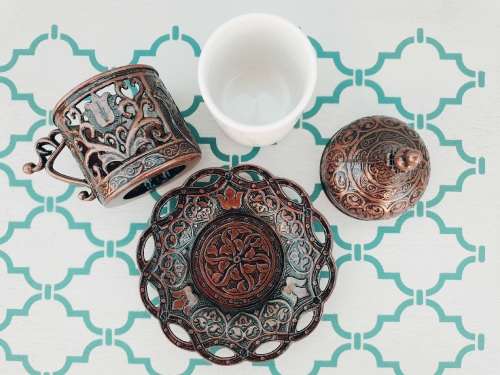 Turkish Ottoman Espresso Cups with Metal outer/Saucer and Lid (Silver or Copper Finish)