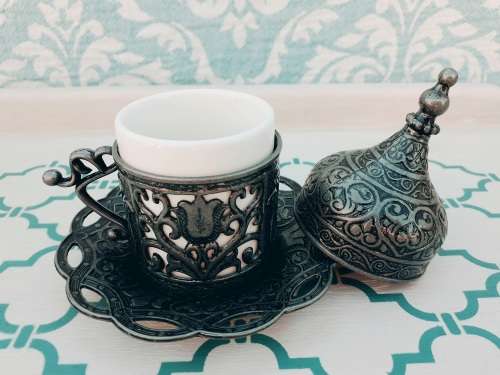 Turkish Ottoman Espresso Cups with Metal outer/Saucer and Lid (Silver or Copper Finish)