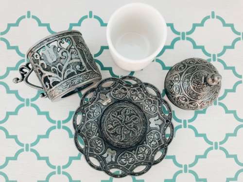 Turkish Ottoman Espresso Cups with Metal outer/Saucer and Lid (Silver or Copper Finish)
