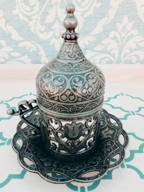 Turkish Ottoman Espresso Cups with Metal outer/Saucer and Lid (Silver or Copper Finish)