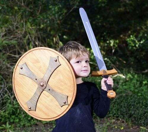 Wooden Viking Shield + 1 Wooden Crusader Sword (72 cm size sword) Set