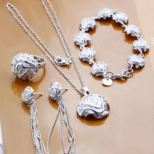 Designer's Bracelet with Ring, Earrings and Necklace Silver Set