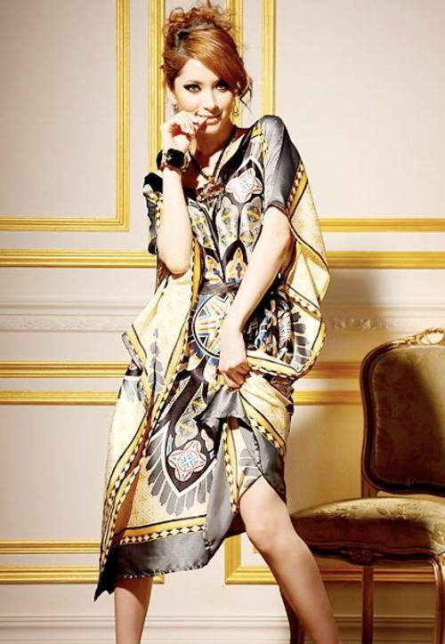 Square Design Loose sleeve V Neck Silk Dress