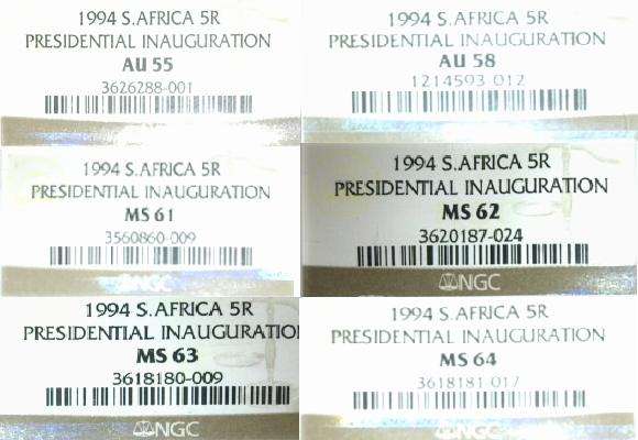 1994 Mandela Inauguration R5 6 coin set  - NGC Graded