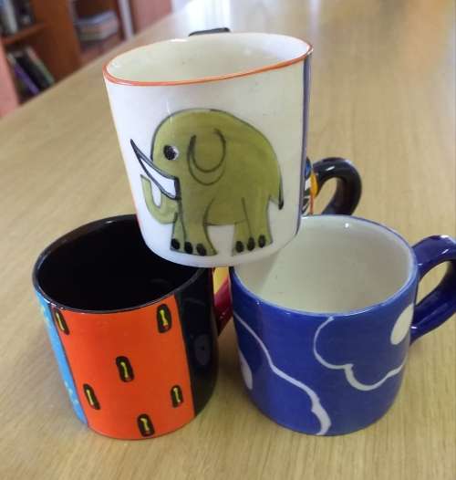 FOUR CERAMIC , ELSONA HAND PAINTED ESPRESSO MUGS