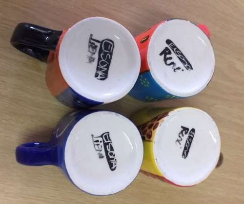 FOUR CERAMIC , ELSONA HAND PAINTED ESPRESSO MUGS