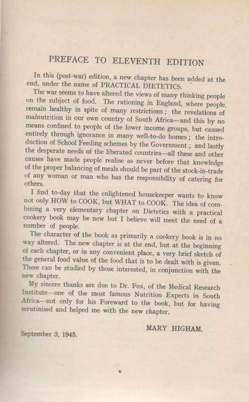HOUSEHOLD COOKERY FOR SOUTH AFRICA  - MARY HIGHAM (12 EDITION 1950)