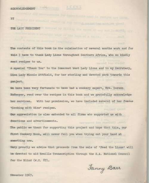 FEED THE LIONS - SOMERSET WEST LIONS CLUB (LADIES SECTION) 1967
