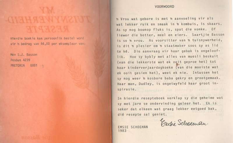 MY TUISNYWERHEID RESEPTE - SAARTJIE BASSON (VOORWOORD DEUR EMSIE SCHOEMAN-1983)
