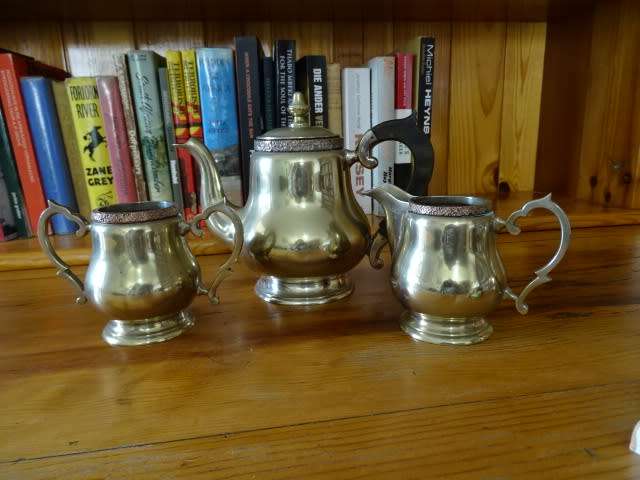 HARD SOLDERED E.P.N.S.A1 , SILVER AND BRASS COMBINATION, HEAVY TEAPOT, MILK JUG AND SUGAR BOWL
