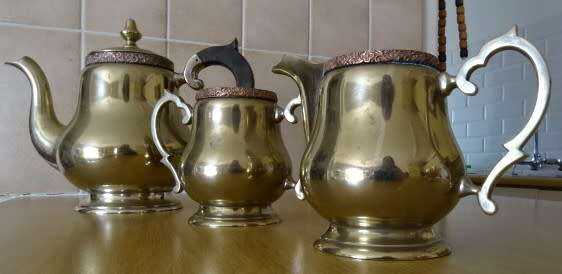 HARD SOLDERED E.P.N.S.A1 , SILVER AND BRASS COMBINATION, HEAVY TEAPOT, MILK JUG AND SUGAR BOWL