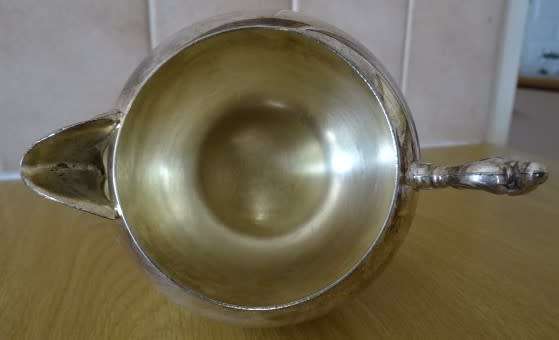 HARD SOLDERED E.P.N.S.A1 , SILVER AND BRASS COMBINATION, HEAVY TEAPOT, MILK JUG AND SUGAR BOWL