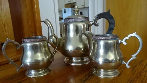 HARD SOLDERED E.P.N.S.A1 , SILVER AND BRASS COMBINATION, HEAVY TEAPOT, MILK JUG AND SUGAR BOWL