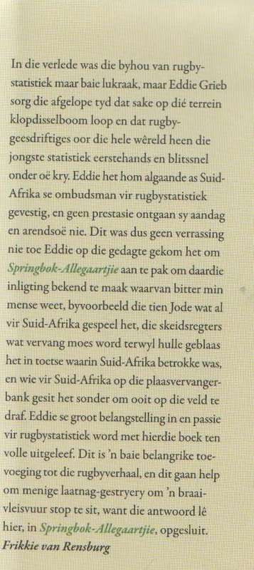 SPRINGBOK ALLEGAARTJIE VAN DIE VROEGSTE DAE TOT DIE MODERNE ERA - EDDIE GRIEB & STUART FARMER